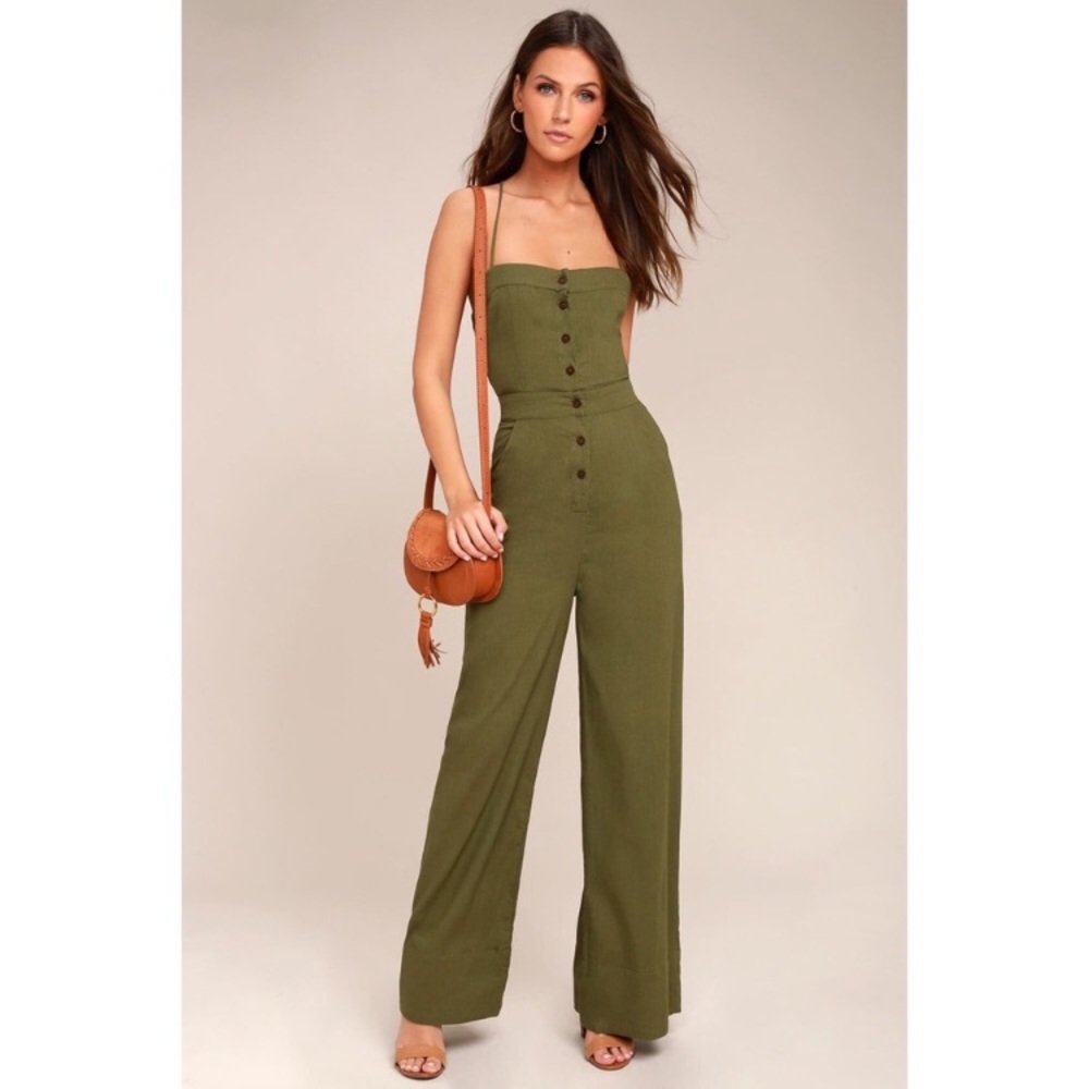 Lulus Beach Day Olive Green Backless Jumpsuit
